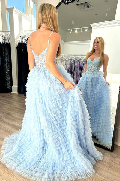 A-Line V Neck Blue Ruffle Tiered Tulle Long Prom Dress with Appliques MD4051504