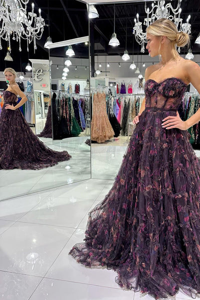 Black Strapless Floral Printed Tulle Long Prom Dress MD4030905