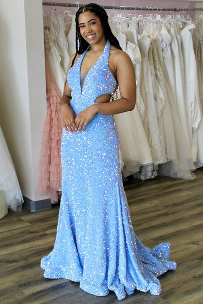 Blue Iridescent Sequin Halter Trumpet Long Prom Dress MD121202