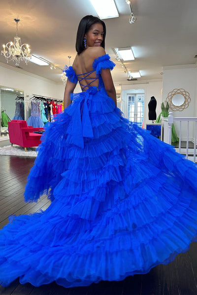 Royal Blue Off the Shoulder Ruffle Tiered Tulle Long Prom Dresses MD4013101