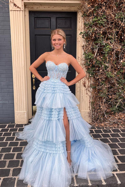 A-Line Strapless Blue Ruffle Tiered Tulle Long Prom Dress with Appliques MD4051701