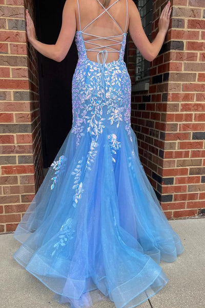 Glitter Blue Mermaid Long Tulle Prom Dress with Lace DM3082711