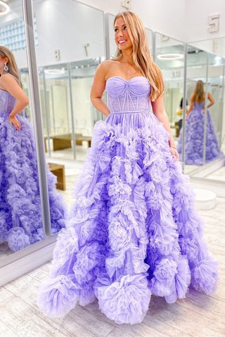 Lilac Strapless Ruffle Tiered Tulle Long Prom Dress MD4051104