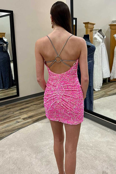 Hot Pink Sequin O-Ring Back Short Party Dress MD092108