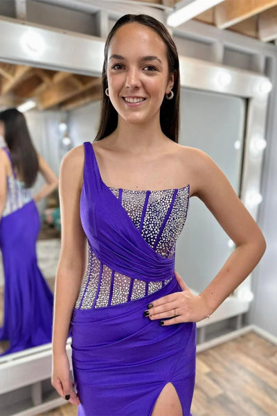 One Shoulder Purple Mermaid Prom Dress with Rhinestones MD113004