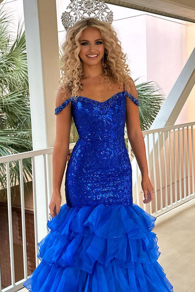 Mermaid Off the Shoulder Royal Blue Sequins Long Prom Dresses MD4010305