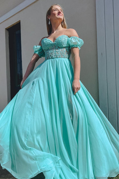 Lilac Chiffon Applique Sweetheart A-Line Prom Dress with Puff Sleeves MD092409