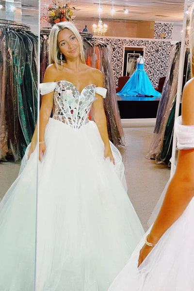 Sparkly White Mirror A-Line Off the Shoulder Long Prom Dress DM3082709