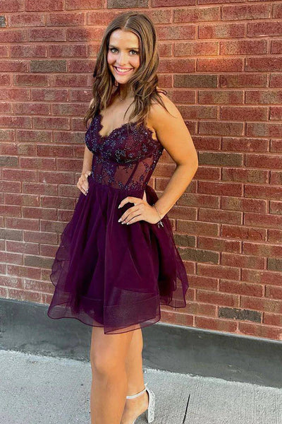 A Line Spaghetti Straps Purple Corset Homecoming Dress with Beading MD091315