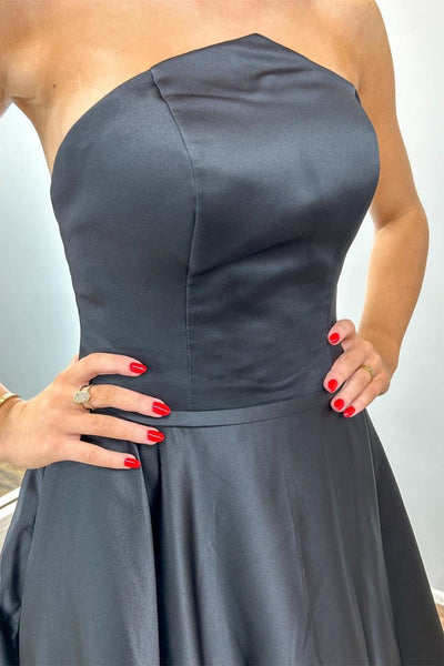Simple Black Strapless A-Line Long Prom Dress MD111804
