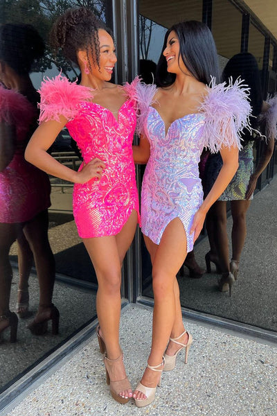 Cute Bodycon Off the Shoulder Lace Sequins Short Homecoming Dress with Feather MD090202