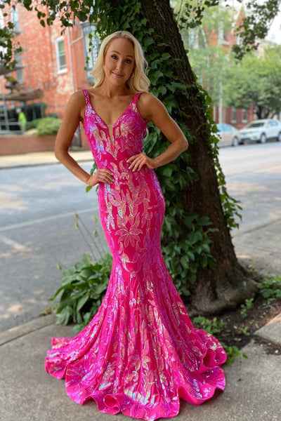 Sparkly Orange Sequin V-Neck Mermaid Long Prom Dress MD092806