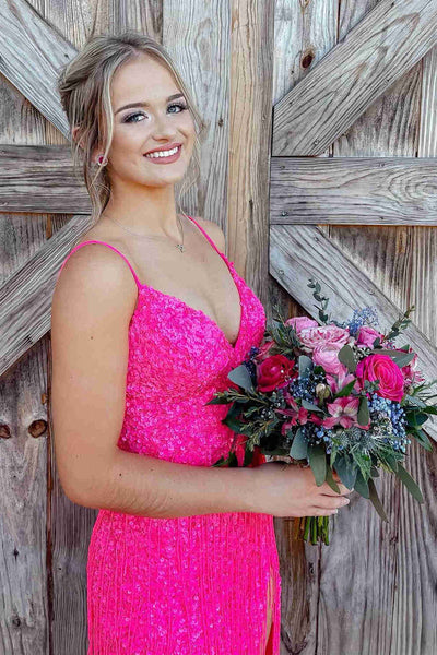 Glitter Red V-Neck Long Prom Dress with Tassel MD121808