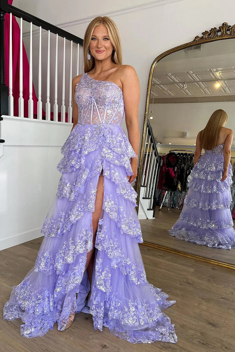 Sparkly Lilac One Shoulder Tiered Lace Long Prom Dress with Slit DM3082812   Dressmeet