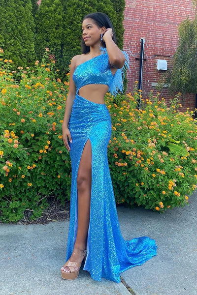 Sparkly Mermaid One Shoulder Blue Sequins Long Prom Dress with Feather MD4011302