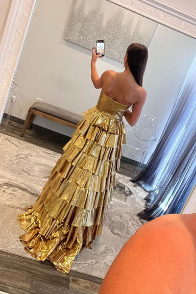A-Line Strapless Gold Ruffle Tiered Satin Long Prom Dress MD4051601