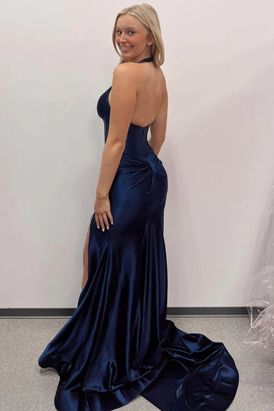 Mermaid Halter Navy Blue Satin Long Prom Dresses MD4011403