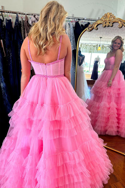 Pink Sweetheart Ruffle Tiered Tulle Prom Dress with Beading MD4051003