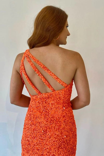 Gorgeous Bodycon One Shoulder Orange Sequins Short Homecoming Dresses LD3062904