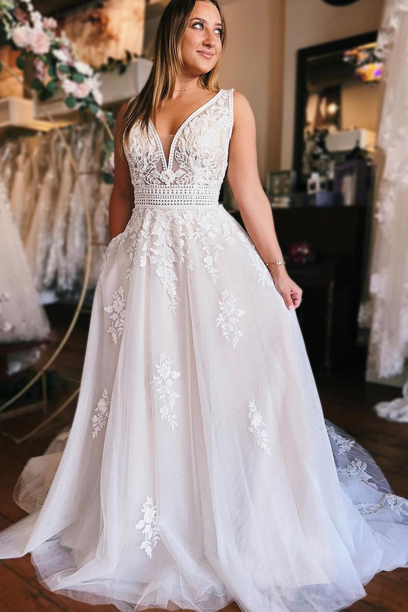 A-Line V Neck White Tulle Wedding Dresses with Appliques MD112204 –  Dressmeet