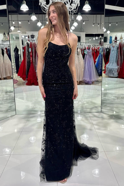 Red Tulle Appliques Scoop Neck Lace-Up Mermaid Long Dress MD111204