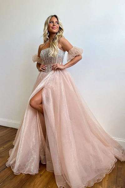 A Line Strapless Blush Corset Prom Dress with Beading Split Front MD100205