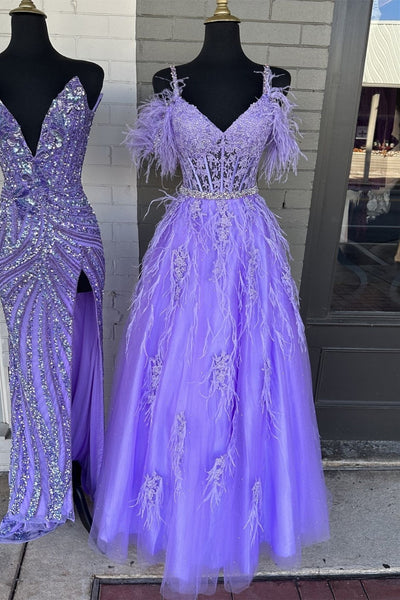 Light Blue Feathers Cold-Shoulder Long Formal Dress MD103009