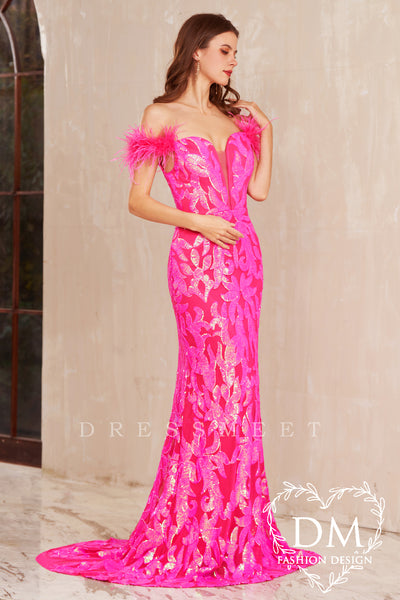 Hot Pink Sequin Lace Off the Shoulder Mermaid Long Prom Dress MD122408