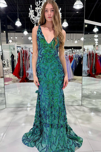 Dark Green Sequin Lace Deep V Neck Long Prom Dresses MD112209