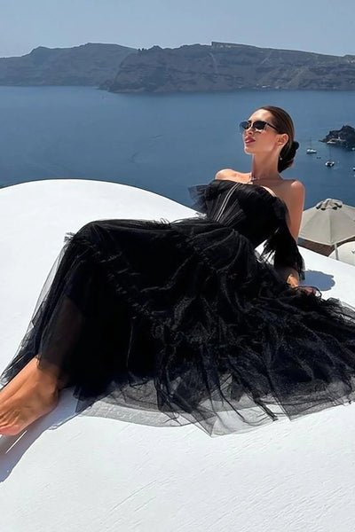 Black A-Line Corset Ruffled Tulle Homecoming Prom Dress MD091404