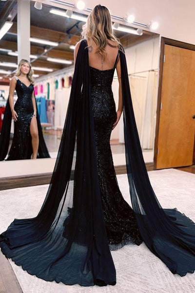 Mermaid Deep V Neck Black Sequins Long Prom Dress with Cape MD100808