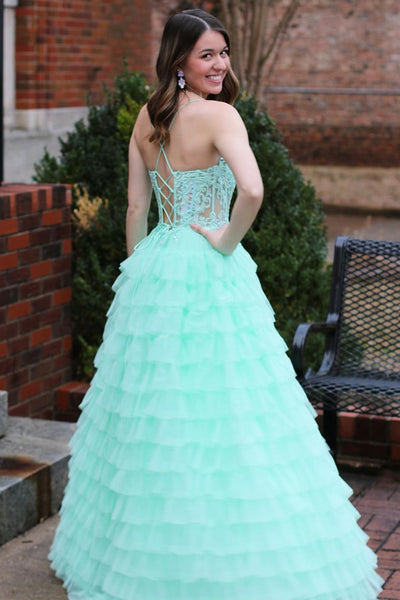 Mint Spaghetti Straps Tiered Tulle Long Prom Dress with Appliques MD120506