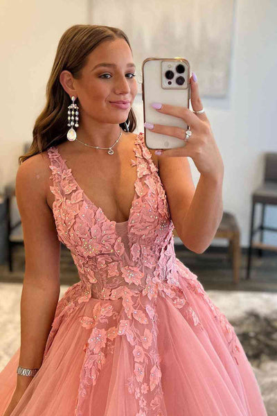 A-Line V Neck Pink Tulle Long Prom Dresses with Appliques MD103103