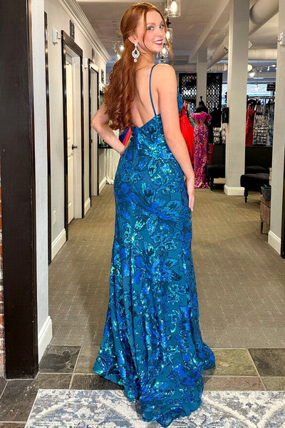 V Neck Blue Sequins Lace Mermaid Long Prom Dress with Slit MD4032801