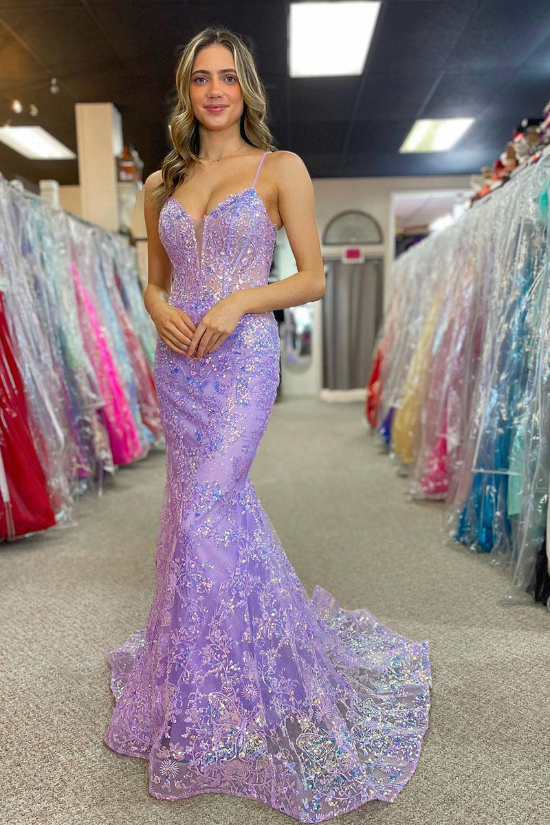 chinese dress ladies Lavender Mermaid Spaghetti Straps Long Prom Dress with Flowers PSK554 US0 / Custom Color main image 1