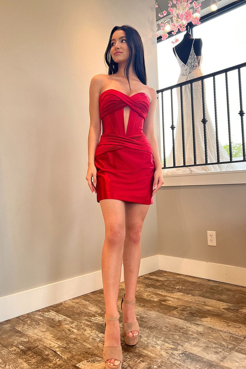 bodycon homecoming dresses red Berylove Women Ruffled Red Homecoming Dress Satin Bodycon Asymmetrical Neck Cocktail Dress, Red / US4 main image 0