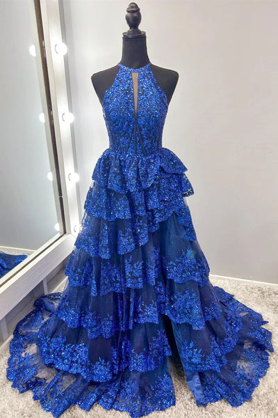 Gorgeous Ball Gown Halter Fuchsia Tulle Long Prom Dresses with Appliques DM24101904