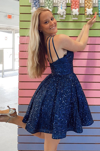 Navy Sequins One Shoulder A-Line Short Homecoming Dress LD3062306