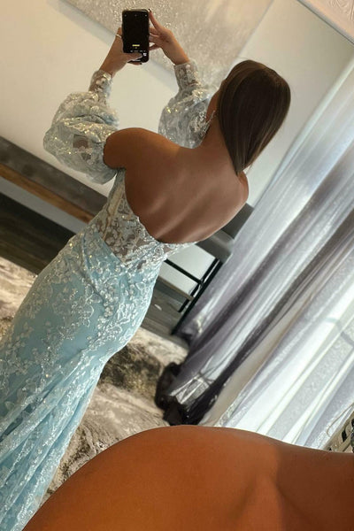 Light Blue Lace Strapless Puff Sleeve Long Prom Dress MD092705