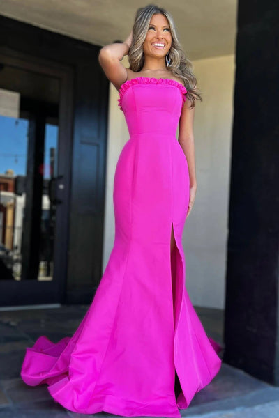 Strapless Maganta Ruffle Mermaid Slit Long Prom Dress MD113003