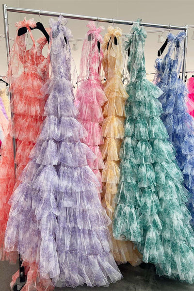 V-NecK Tie Straps Red Floral Print Layered Long Prom Dress MD112906