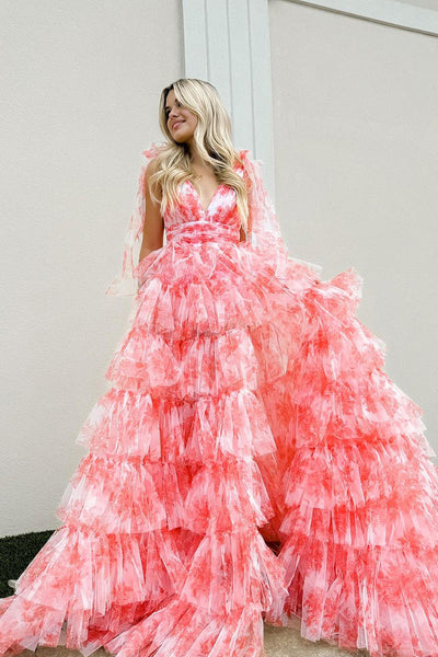 Cute Ball Gown V Neck Floral Printed Tiered Coral Tulle Long Prom Dress with Slit MD4051301