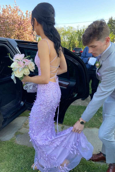 Elegant Spaghetti Straps Scoop Neck Lilac Lace Appliques Mermaid Long Prom Dress DM25102806