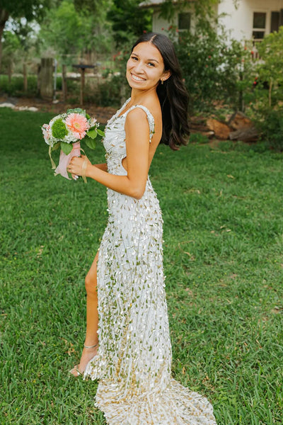 Fashion Mermaid V Neck White Sequins Long Prom Dresses with Beading DM25052706