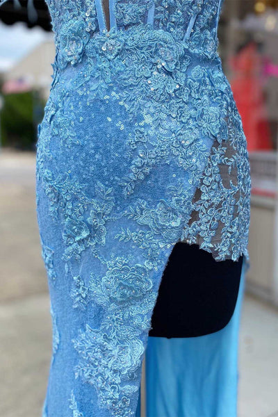 Blue Sequin Appliques Cold-Shoulder Long Prom Gown with Slit MD092709