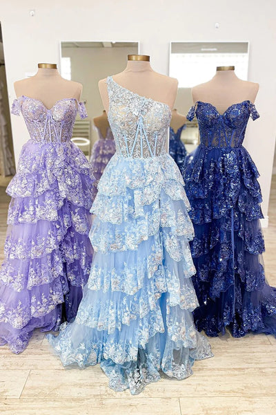 Sparkly Lilac One Shoulder Tiered Lace Long Prom Dress with Slit DM3082812