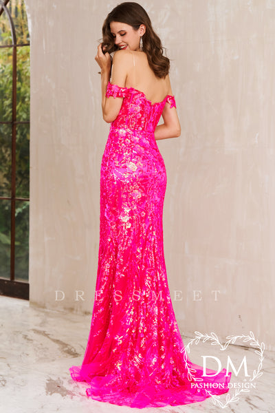 Hot Pink Off the Shoulder Mermaid Sequins Lace Long Prom Dress MD122001