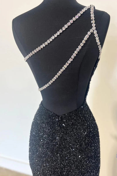 Black One Shoulder Sequin Rhinestone Mermaid Long Prom Dress MD120805
