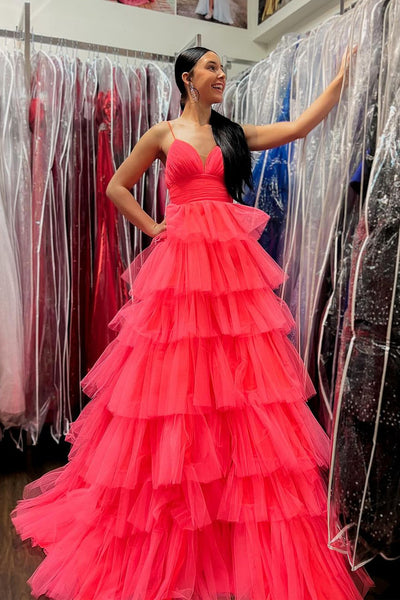 A Line V Neck Fuchsia Tiered Tulle Prom Dress with Slit MD4010202