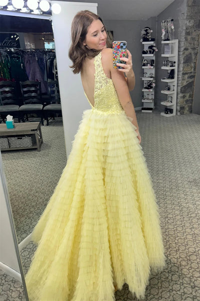 Yellow V Neck Tiered Tulle A-Line Long Prom Dresses MD4012204